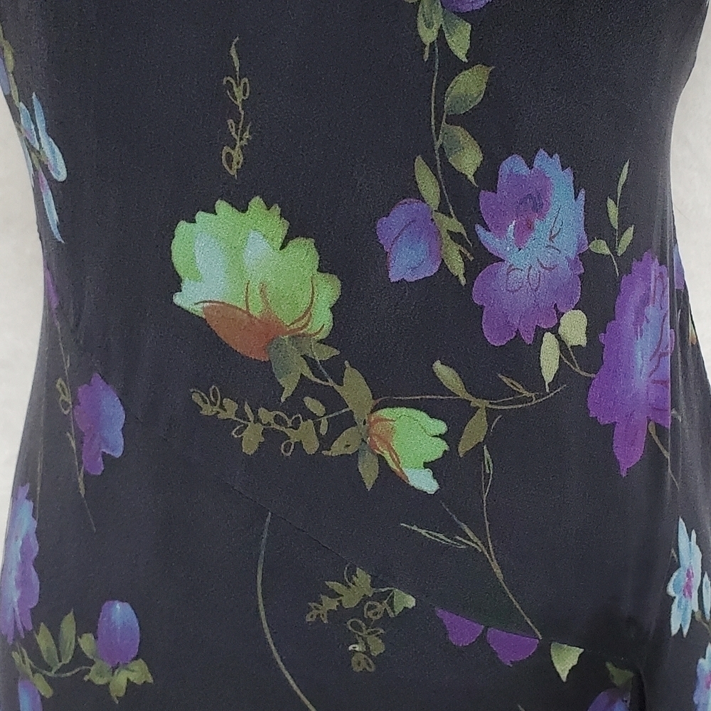 VINTAGE Liz Claiborne Purple Floral Silk Chiffon Black Satin Ruffle Midi Dress M - Picture 6 of 16